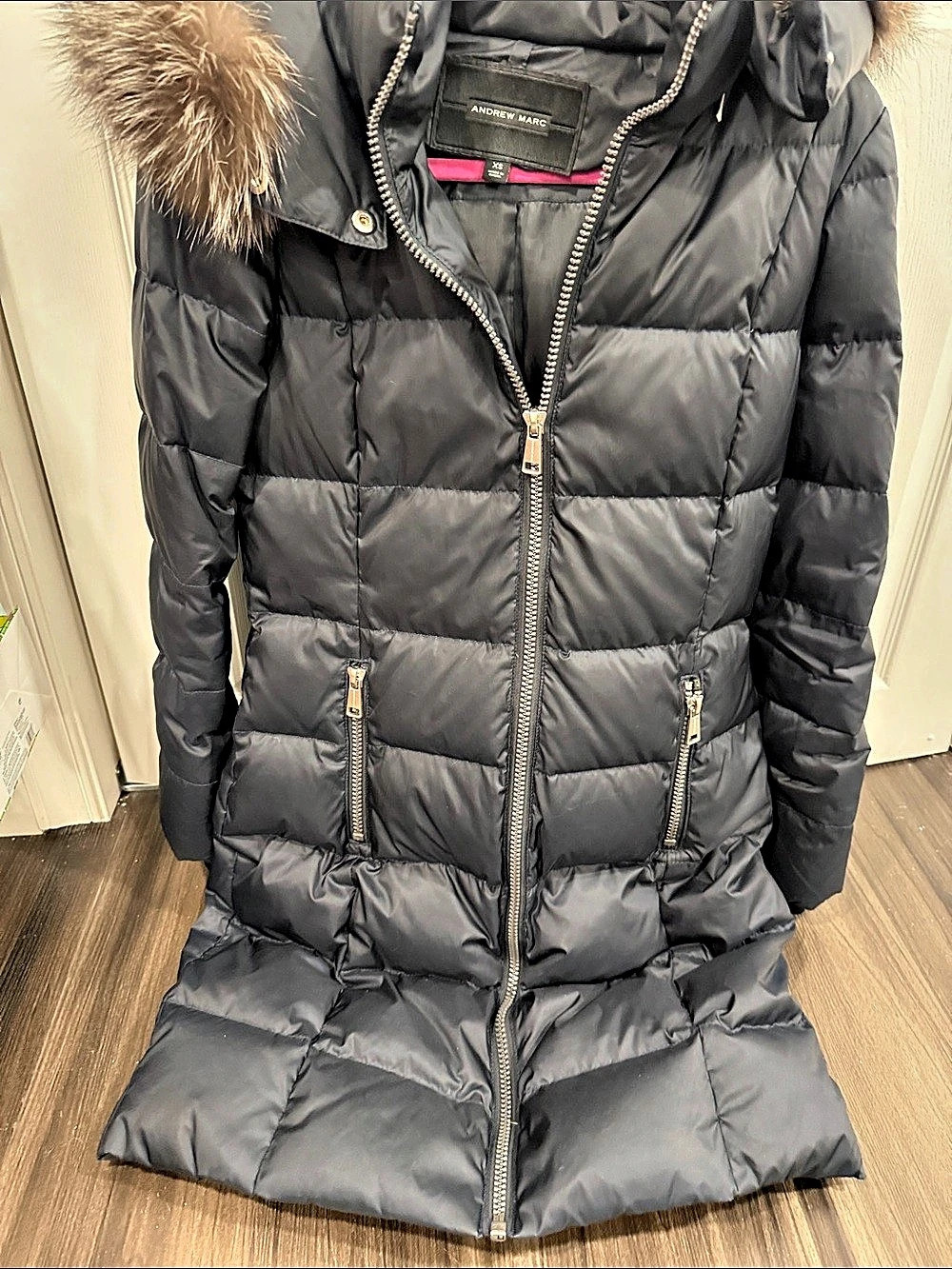 Andrew Marc Fur-Trim Puffer Coat in Black Size XS